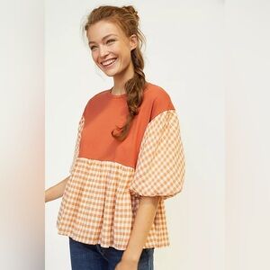 English Factory Anthropologie Gingham Peplum Puff Sleeves Orange Top size Small